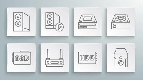 Set line SSD card, Case of computer, Router and wi-fi signal, Hard disk drive Stockillustratie