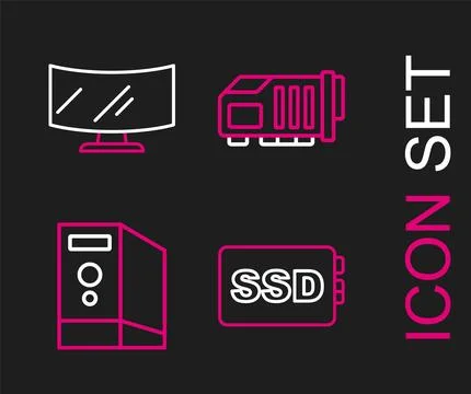 Set line SSD card, Case of computer, Video graphic and Computer monitor scr.. Stock Illustration