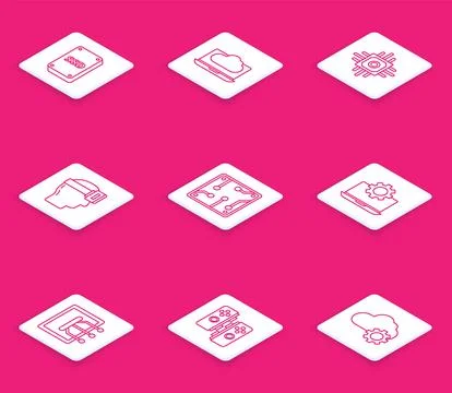 Set line SSD card, Cloud technology data transfer and storage, Processor, V.. Stock Illustration