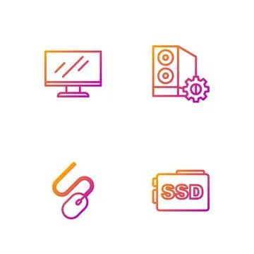 Set line SSD card, Computer mouse, monitor screen and Case of computer. Gradient Illustrazione stock