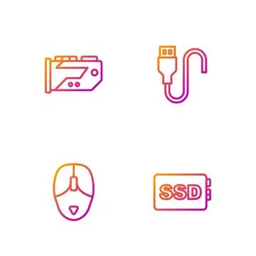 Set line SSD card, Computer mouse, Video graphic and USB cable cord. Gradient Stock Illustration