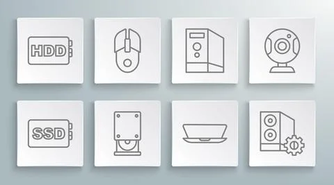 Set line SSD card, Computer mouse, Optical disc drive, Laptop, Case of computer Stock Illustration