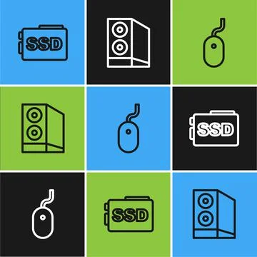 Set line SSD card, Computer mouse and Case of computer icon. Vector Illustrazione stock