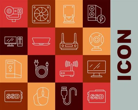 Set line SSD card, Computer monitor screen, Web camera, Optical disc drive Stock Illustration