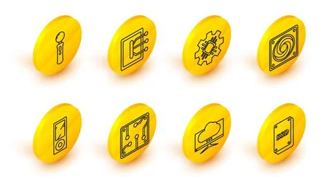 Set line SSD card, Computer monitor screen, Processor, Music player, cooler Illustrazione stock