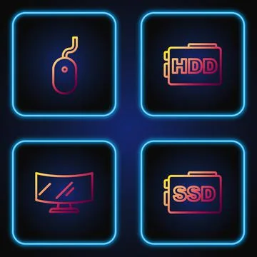 Set line SSD card, Computer monitor screen, mouse and Hard disk drive HDD Stockillustratie