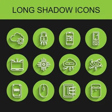 Set line SSD card, Computer mouse, Cloud technology data transfer and storage Illustrazione stock