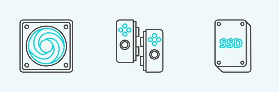 Set line SSD card, Computer cooler and Gamepad icon. Vector Stock Illustration