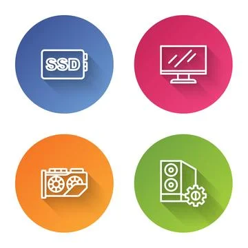 Set line SSD card, Computer monitor screen, Video graphic and Case of computer イラスト素材