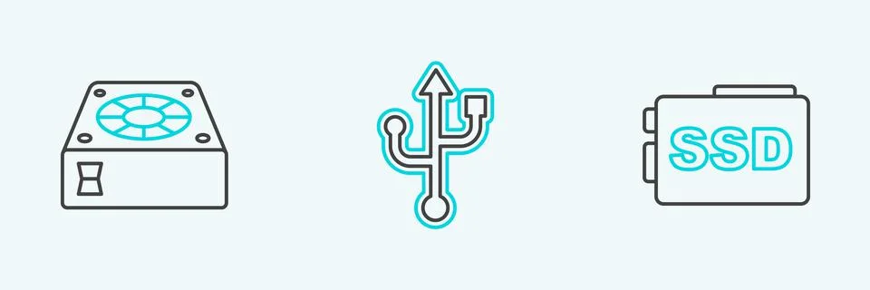 Set line SSD card, Computer cooler and USB icon. Vector Illustrazione stock