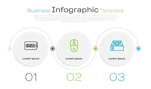 Set line SSD card, Computer mouse and cooler. Business infographic template.  Illustrazione stock