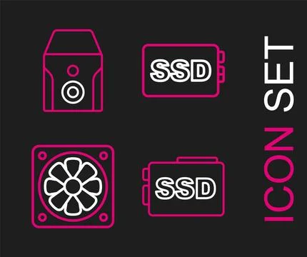 Set line SSD card, Computer cooler, and Uninterruptible power supply icon イラスト素材