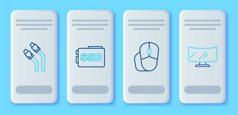 Set line SSD card, Computer mouse, LAN cable network internet and monitor s.. Stock Illustration
