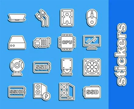 Set line SSD card, Computer cooler, monitor screen, Hard disk drive HDD, Vi.. Stock Illustration
