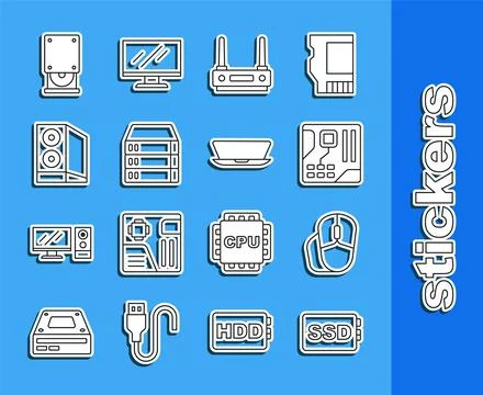 Set line SSD card, Computer mouse, Motherboard digital chip, Router and wi-.. Stock Illustration