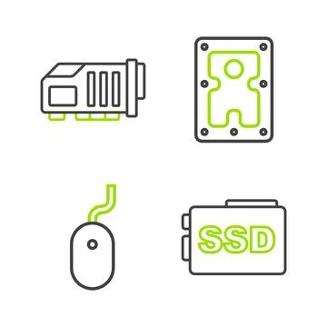 Set line SSD card, Computer mouse, Hard disk drive HDD and Video graphic ic.. Stock Illustration