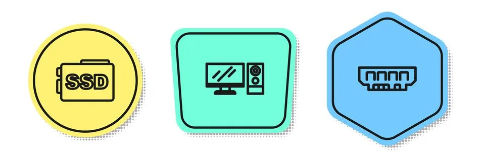 Set line SSD card, Computer monitor and RAM, random access memory. Colored .. イラスト素材