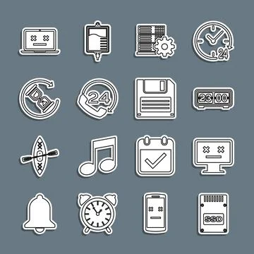 Set line SSD card, Dead monitor, Retro flip clock, Server setting, Telephon.. Stock Illustration