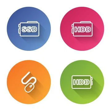 Set line SSD card, Hard disk drive HDD, Computer mouse and . Color circle button 스톡 일러스트