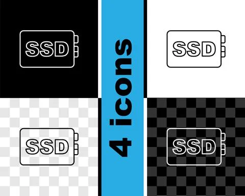 Set line SSD card icon isolated on black and white, transparent background Illustrazione stock