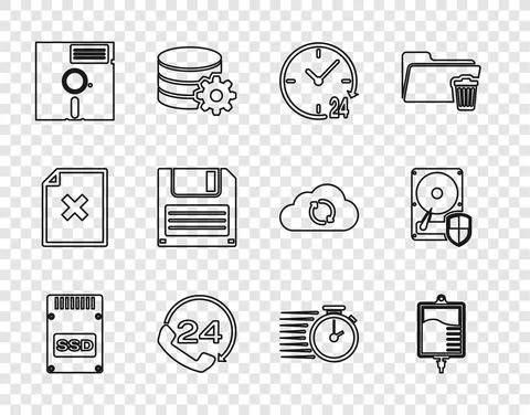 Set line SSD card, IV bag, Clock 24 hours, Telephone support, Floppy disk in the Illustrazione stock