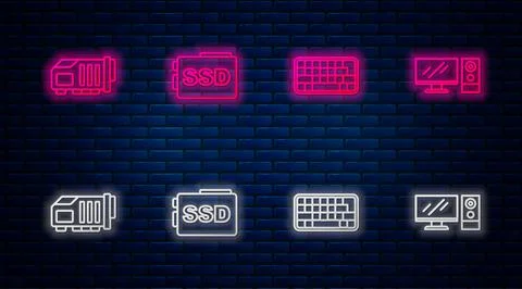Set line SSD card, Keyboard, Video graphic and Computer monitor. Glowing neon Illustrazione stock