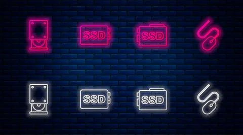 Set line SSD card, , Optical disc drive and Computer mouse. Glowing neon ic.. Stock-Illustration