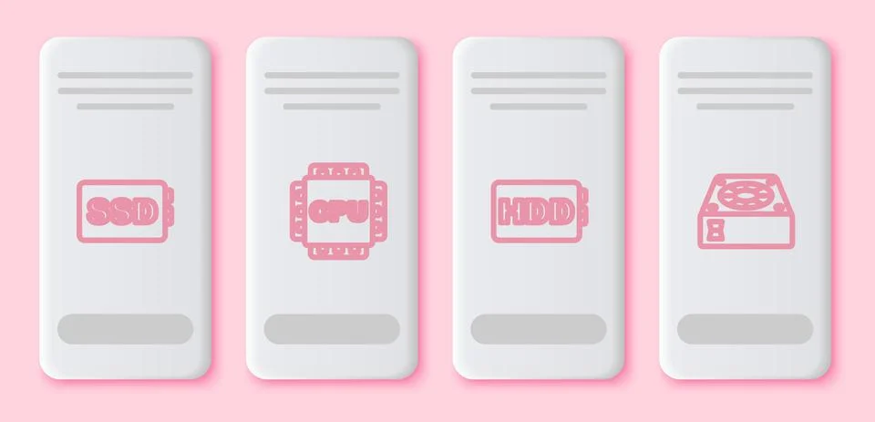 Set line SSD card, Processor with CPU, Hard disk drive HDD and Computer cooler Illustrazione stock