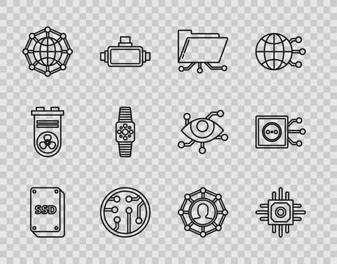 Set line SSD card, Processor, Folder and lock, Global technology social network Illustrazione stock