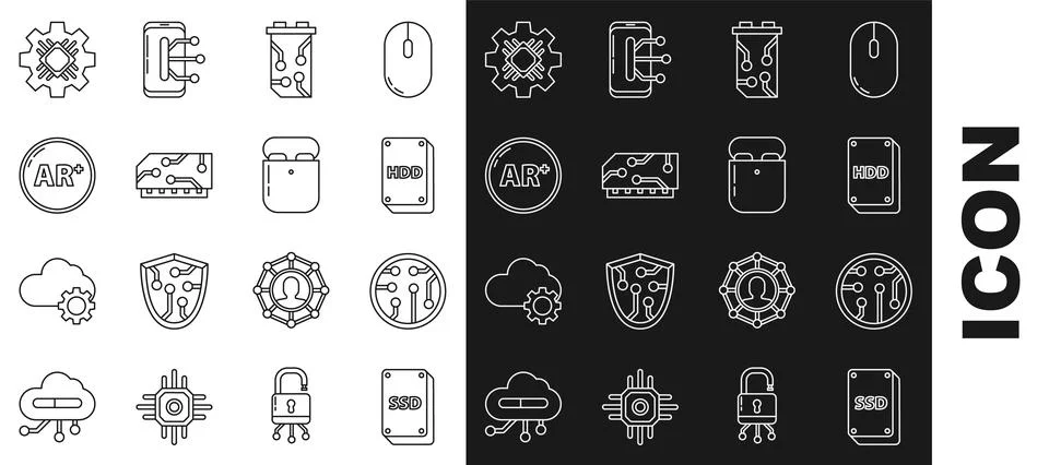 Set line SSD card, Processor, Hard disk drive HDD, Video graphic, RAM, random Illustrazione stock