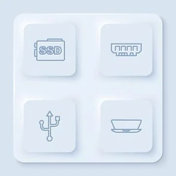 Set line SSD card, RAM, random access memory, USB and Laptop. White square Stock Illustration