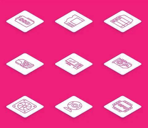 Set line SSD card, Server, Data, Web Hosting, Video graphic, Computer monitor イラスト素材