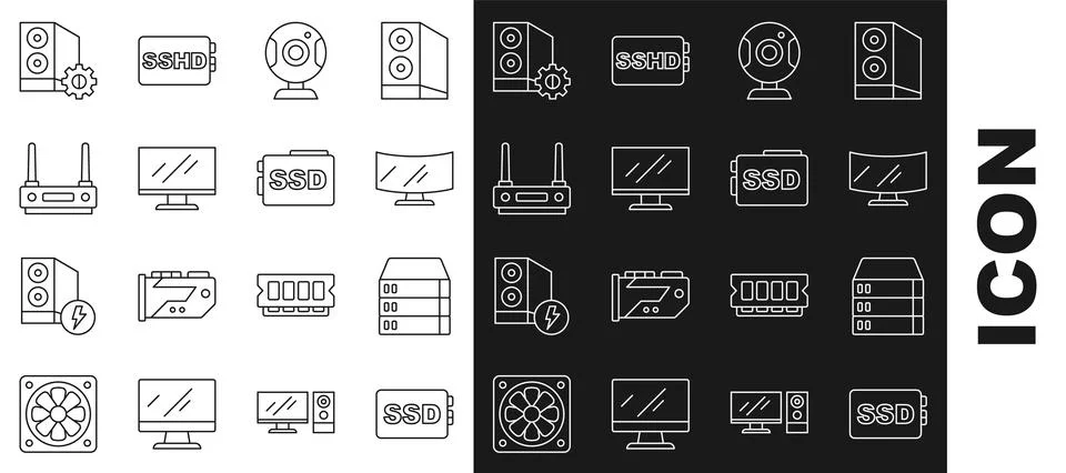 Set line SSD card, Server, Data, Web Hosting, Computer monitor screen, camera 스톡 일러스트