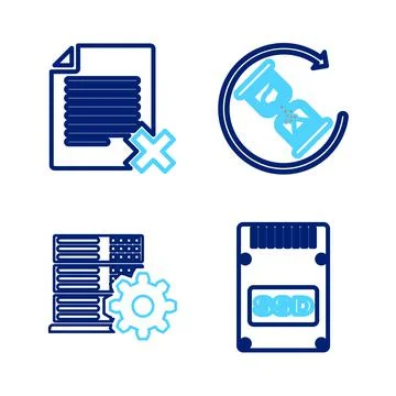 Set line SSD card, Server setting, Waiting and Delete file document icon. Vector Illustrazione stock