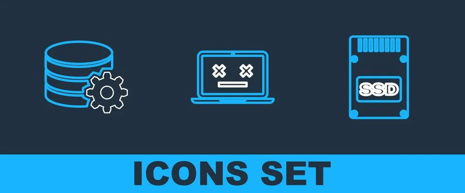 Set line SSD card, Setting database server and Dead laptop icon. Vector Illustrazione stock