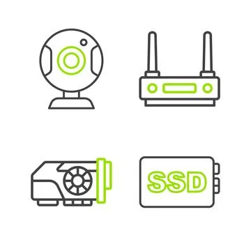 Set line SSD card, Video graphic, Router and wi-fi signal and Web camera icon Illustrazione stock