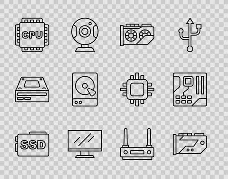 Set line SSD card, Video graphic, Computer monitor screen, Processor with C.. 库存插图