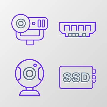 Set line SSD card, Web camera, RAM, random access memory and  icon. Vector Stock Illustration
