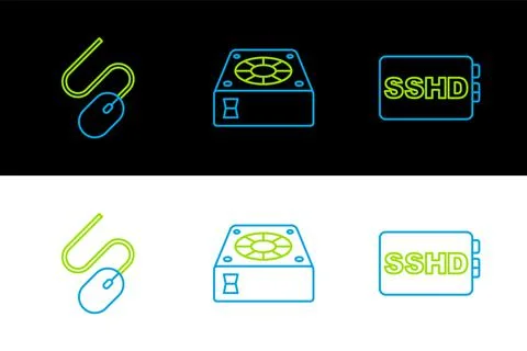 Set line SSHD card, Computer mouse and cooler icon. Vector Illustrazione stock