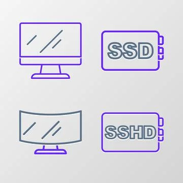 Set line SSHD card, Computer monitor screen, SSD and icon. Vector Stock Illustration
