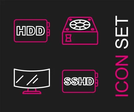 Set line SSHD card, Computer monitor screen, cooler and Hard disk drive HDD icon Illustrazione stock