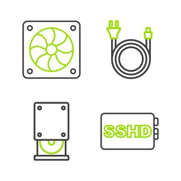 Set line SSHD card, Optical disc drive, Electric plug and Computer cooler ico Illustrazione stock