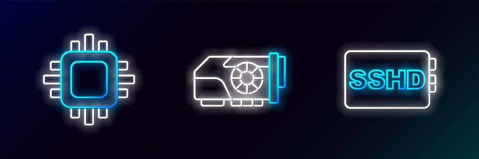 Set line SSHD card, Processor with CPU and Video graphic icon. Glowing neon.. Stock Illustration