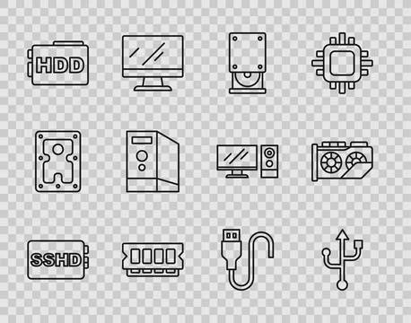 Set line SSHD card, USB, Optical disc drive, RAM, random access memory, Har.. 库存插图
