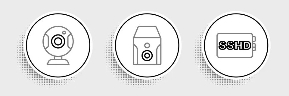 Set line SSHD card, Web camera and Uninterruptible power supply icon. Vector 库存插图