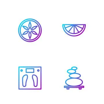 Set line Stack hot stones, Bathroom scales, Leaf plant nature and Citrus fruit Stock Illustration