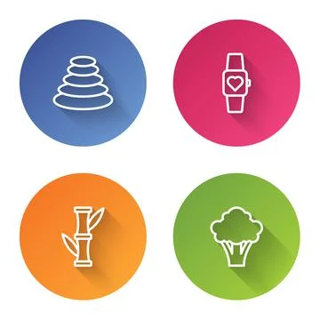 Set line Stack hot stones, Smart watch, Bamboo and Broccoli. Color circle button 스톡 일러스트