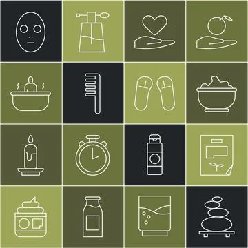 Set line Stack hot stones, Leaf document, Sea salt in bowl, Heart hand Stock Illustration