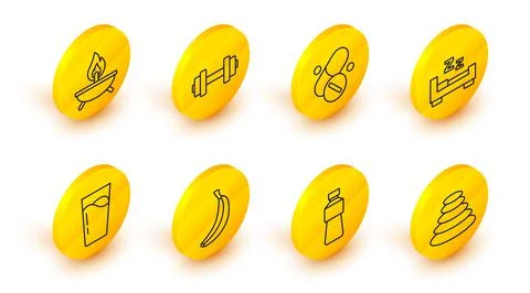 Set line Stack hot stones, Bottle of water, Banana, Glass with, Time sleep Stock Illustration