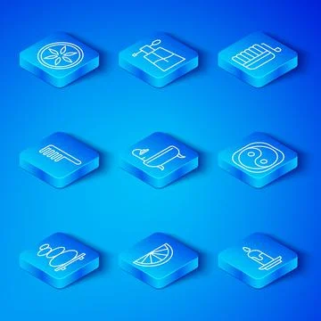 Set line Stack hot stones, Bathtub, Citrus fruit, Yin Yang, Sauna bucket and Stock Illustration